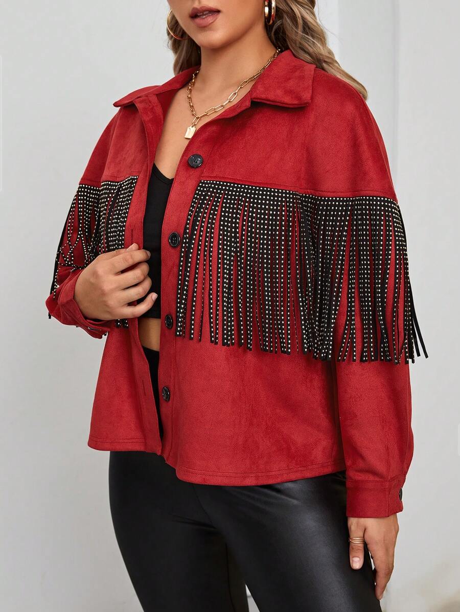SHEIN LUNE Talla grande Cazadora ribete con fleco con botón delantero - Burdeos - Ver 1