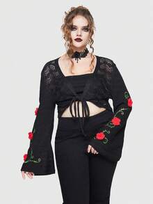 ROMWE Goth Plus Floral Embroidery Tie Front Cardigan - Black - View 4