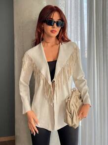 SHEIN Privé Fringe Trim Waterfall Collar Fringe Trim Open Front Coat - Khaki - View 2