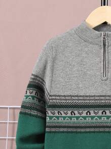 SHEIN Cậu bé Tween Mẫu Geo Dây kéo mặt trước Áo len - Nhiều màu - Xem 5