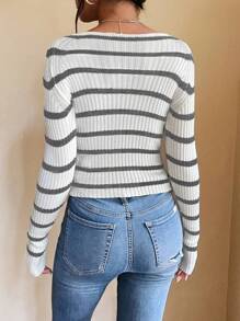 Chiquease Jersey de punto acanalado con cuello cuadrado y estampado de rayas para otoño e invierno - Multicolor - Ver 2
