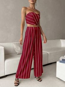 SHEIN Privé In sọc Ống ngọn & Quần ống rộng - Đỏ - Xem 4