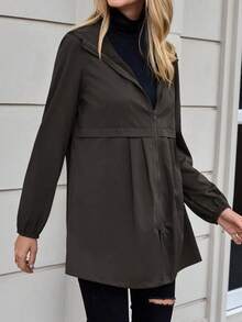 SHEIN LUNE Chất rắn Dây kéo Áo trùm đầu - Màu nâu Sô-cô-la - Xem 3