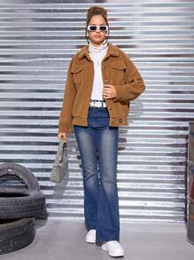 SHEIN Teen Girl Flap Pocket Letter Patched Detail Drop Shoulder Teddy Jacket - Khaki - View 4