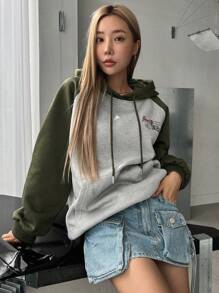 DAZY Slogan Graphic Raglan Sleeve Drawstring Hoodie Sweatshirt - Multicolor - View 3