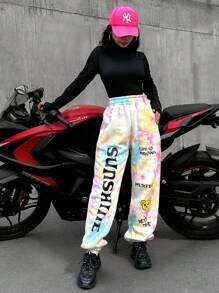 EURMUSE Tie Dye Slogan Graphic Elastic Waist Sweatpants - Multicolor - View 3