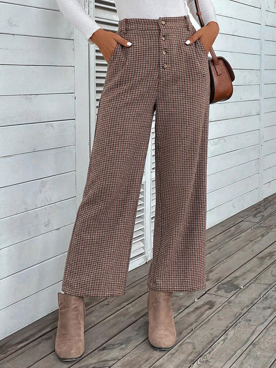 EMERY ROSE In kẻ sọc Nút Bay Tweed Quần ống rộng - Nhiều màu - Xem 1