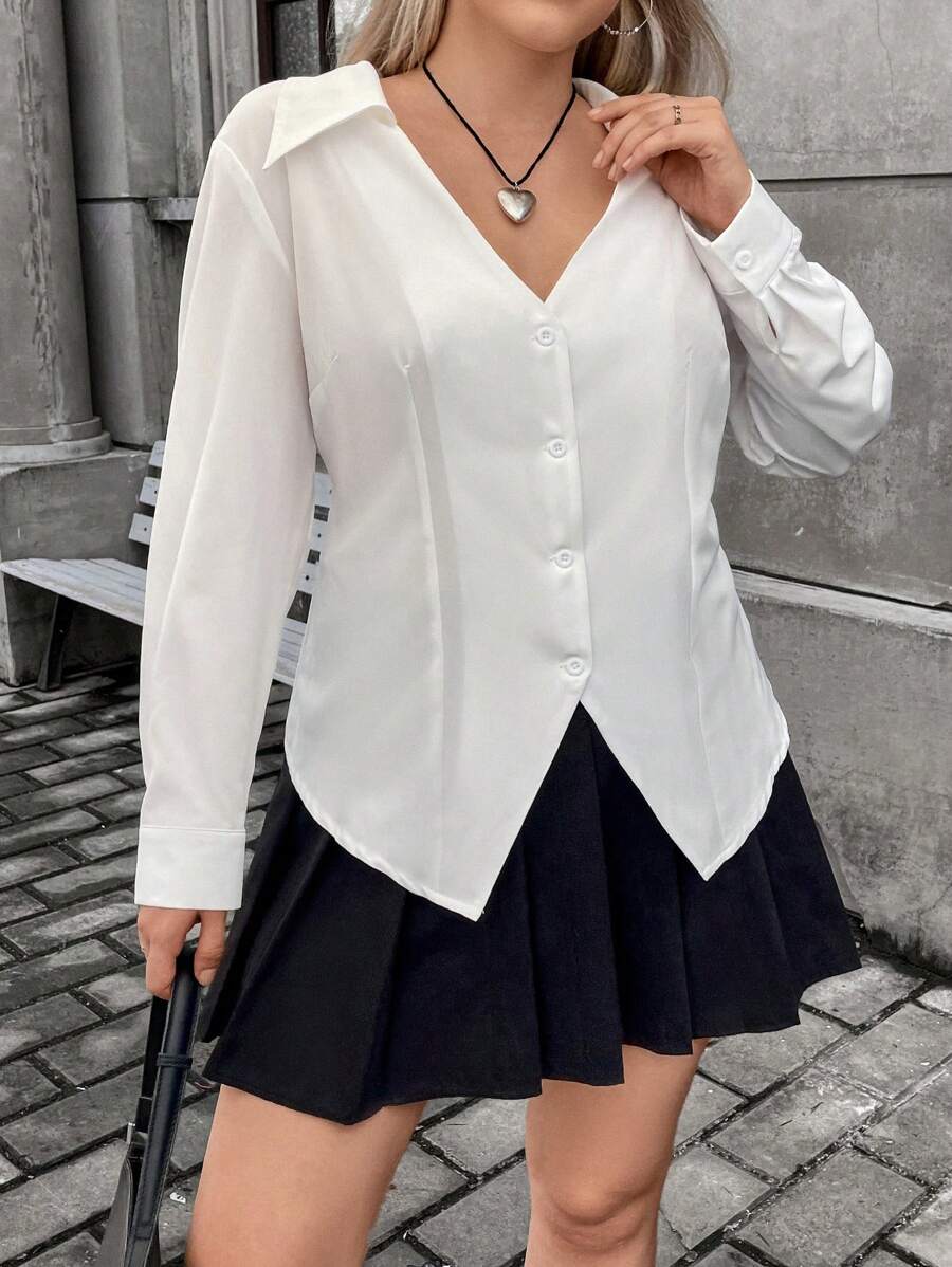 Flirla Plus Blouse Unicolore À Bouton Col En V