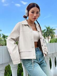 SHEIN Unity Drop Shoulder Drawstring Hem PU Leather Jacket - Beige - View 7