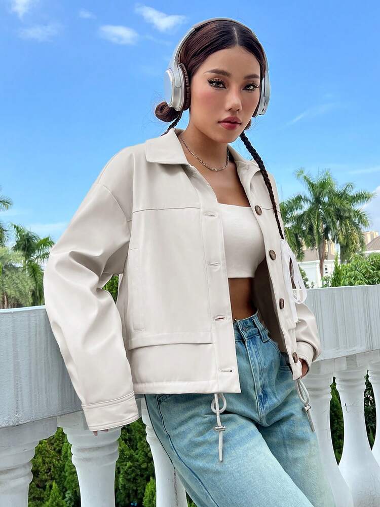Drop Shoulder Drawstring Hem PU Leather Jacket
