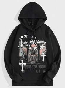 ROMWE MEN Goth 男士口號和圖案圖形帶帽上衣 - 黑色 - 查看 1