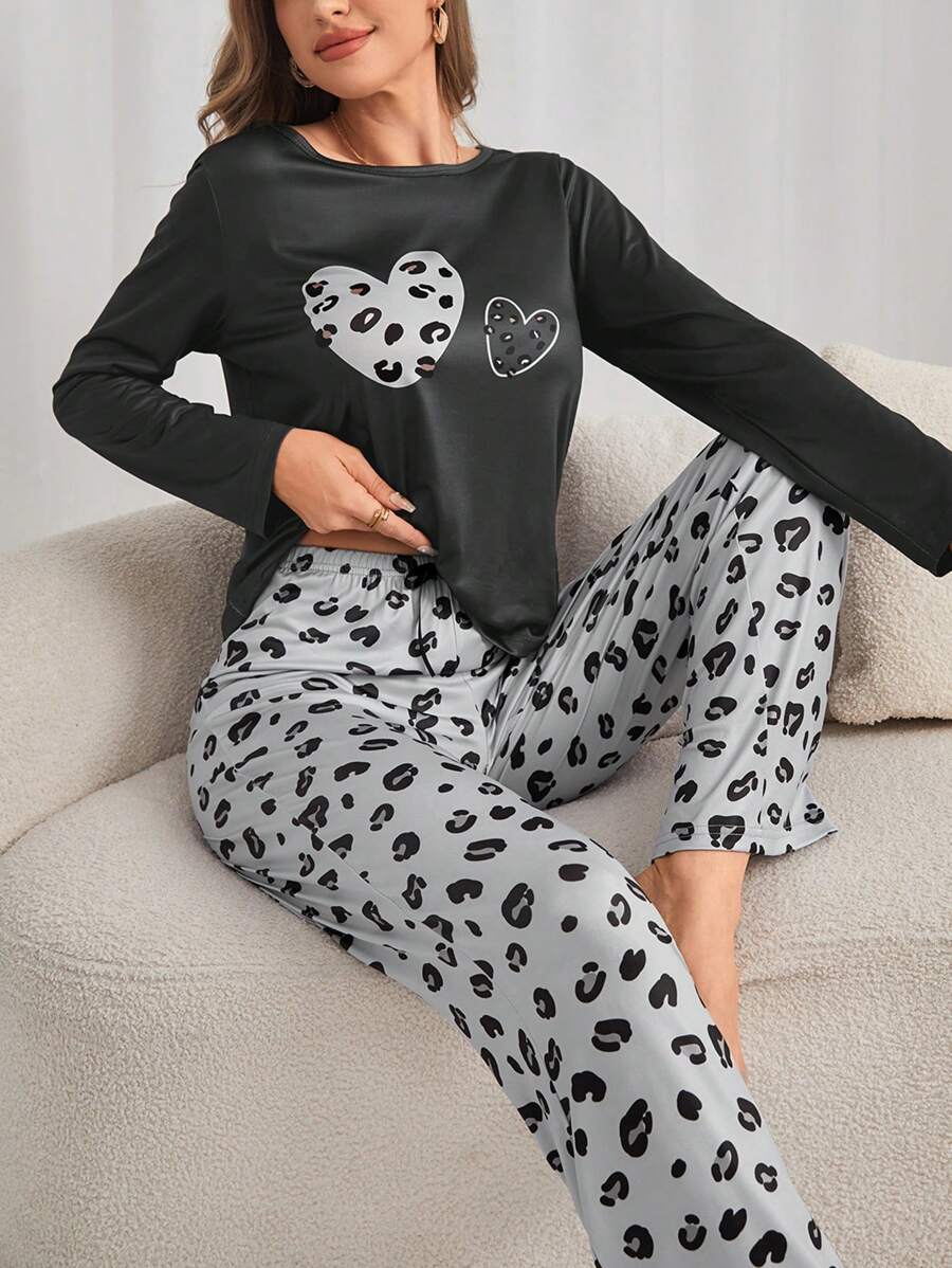 Leopard Heart Print Tee & Pants PJ Set / Pajama Set, Fall Winter Clothes Cozy And Elegant Details - Multicolor - View 1