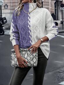 SHEIN LUNE Two Tone High Neck Cable Knit Drop Shoulder Sweater - Mauve Purple - View 5