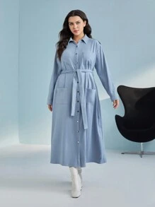 Mulvari Talla grande Vestido camisero de hombros caídos con cinturón - Púrpura malva - Ver 4