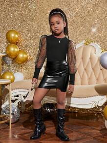 SHEIN Tween Girls' Fashion Party Knit Round Neck Mesh Panel Long Sleeve Blouse - Black - View 5