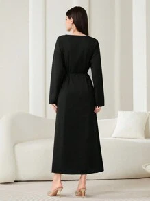 Al Najma Contrast Piping Tassel Belted Dress - Black - View 2