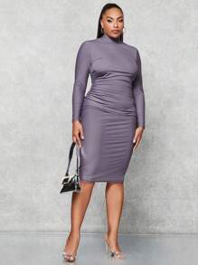 SHEIN BAE Talla grande Vestido ajustado de cuello cisne fruncido lateral - Púrpura polvoriento - Ver 4