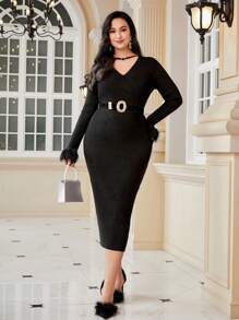 Modelyn Talla grande Vestido de punto de peluche puño de cuello con abertura de ojo sin cinturón - Negro - Ver 4
