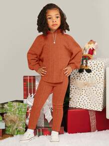 SHEIN Young Girl Solid Drop Shoulder Hooded Tee & Leggings - Orange - View 6