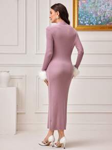 Modelyn Fuzzy Cuff Twist Front Split Thigh Sweater Dress - Dusty Pink - View 2