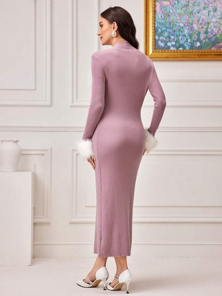 Fuzzy Cuff Twist Front Split Thigh Sweater Dress