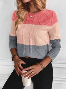 EMERY ROSE 撞色麻花編織套頭毛衣 - 彩色 - 查看 3