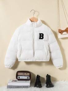 SHEIN Tween Girl Letter Patched Zip Up Padded Coat - White - View 4