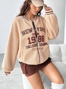 SHEIN EZwear Letter Embroidery Striped Trim Drop Shoulder Teddy Coat - Brown - View 3