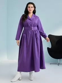 Seusyu Plus Lapel Neck Belted Dress - Purple - View 3