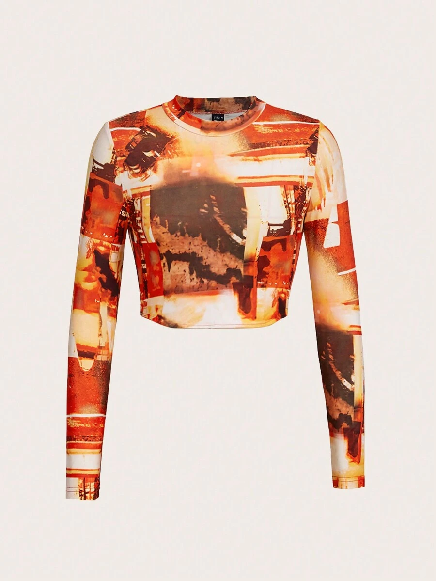 SHEIN ICON Graphic Print Crop Tee - Red - View 1