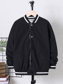 SHEIN Tween Boy Wings & Letter Graphic Striped Trim Drop Shoulder Jacket - Black - View 3