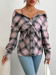 Chiquease Plaid Cold Shoulder Print Twist Front Shirt