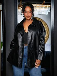 SHEIN CURVE+ Hơn Thả vai chất liệu da PU áo - màu đen - Xem 6