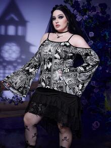 Corpse Bride | ROMWE Plus Allover Cartoon Print Cold Shoulder Flare Sleeve Tee - Black - View 6