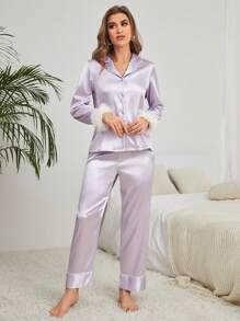Fuzzy Trim Satin PJ Set - Mauve Purple - View 5