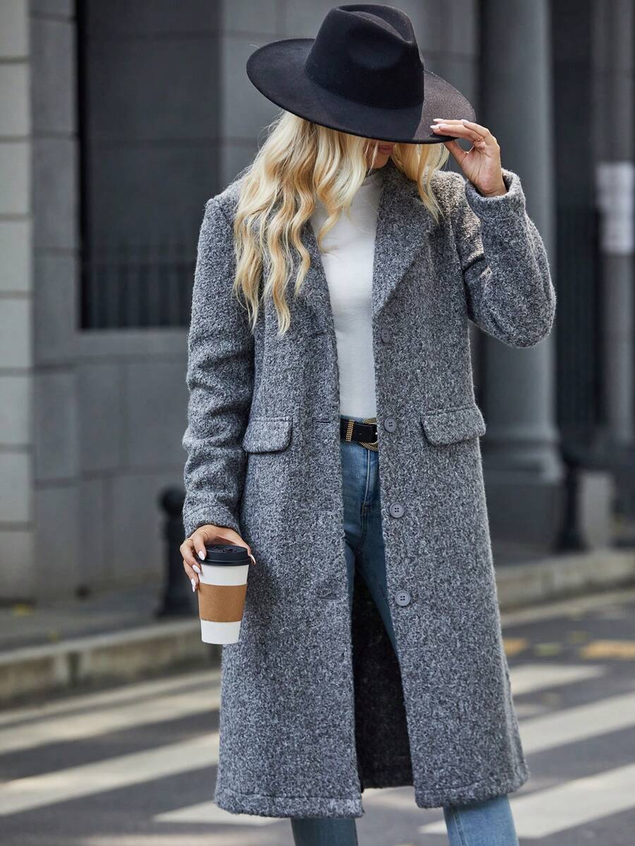 SHEIN LUNE Cổ áo Chi tiết về Flap Nút phía trước Áo khoác - Xám - Xem 1