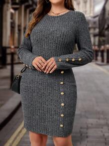 SHEIN Clasi Hơn Chi tiết Nút Đồ đan Ribbed Váy bodycon Không có thắt lưng - Màu xám đen - Xem 1