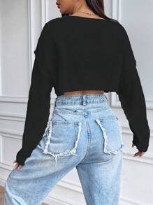 SHEIN Unity Áo len crop tay dài vai rớt, áo len dệt kim mùa thu đông. - màu đen - Xem 2