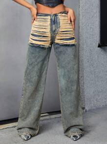 SHEIN ICON 破洞闊腿牛仔褲 - 銅色 - 查看 1