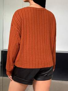 SHEIN Essnce Talla grande Camiseta de hombros caídos tejido de canalé - Naranja Quemada - Ver 2