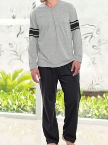 Men Striped Print Hooded PJ Set - Multicolor - View 1