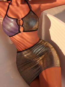 SHEIN Swim Metallic Cut Out Halter Bikini Set With Beach Skirt Summer - Multicolor - View 4