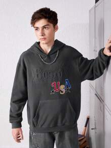 SHEIN 青少年男孩字母图案袋鼠口袋落肩卫衣 - 深灰色 - 查看 1