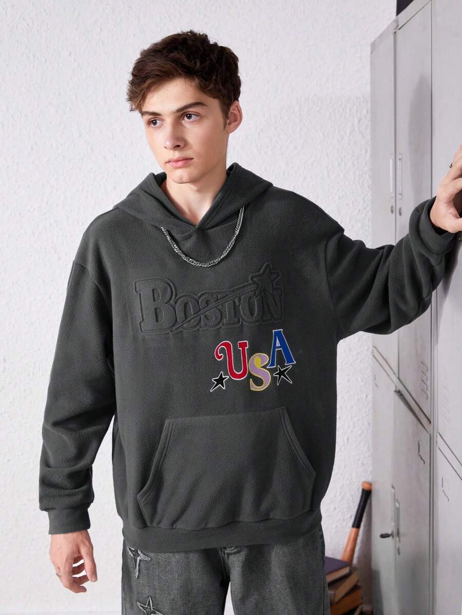 SHEIN 青少年男孩字母图案袋鼠口袋落肩卫衣 - 深灰色 - 查看 1