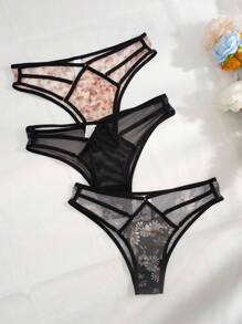 SHEIN 3packs Floral Print Mesh Cut Out Panties Lingerie
