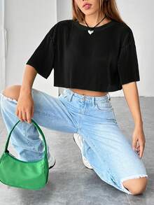 SHEIN EZwear Solid Drop Shoulder Crop Tee - Black - View 5