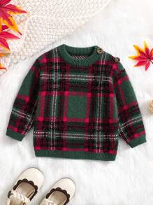 Baby Girl Plaid Pattern Button Detail Sweater - Army Green - View 1