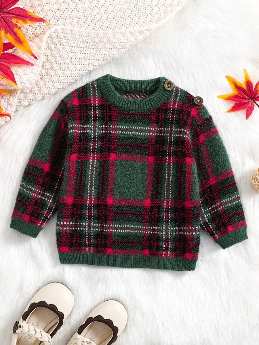 Baby Girl Plaid Pattern Button Detail Sweater - Army Green - View 1