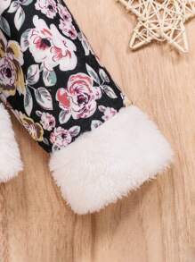 SHEIN Đứa bé gái In hoa Cổ áo Borg Lót Teddy Áo khoác & Mũ - màu đen - Xem 6