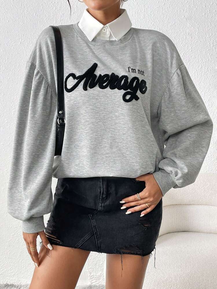 Letter Flocking Drop Shoulder 2 In 1 Sweatshirt